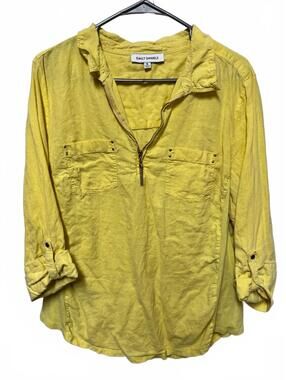 Emily Daniels Women XL Yellow Quarter Zip Roll Tab Sleeve Top Pocket Shirt
